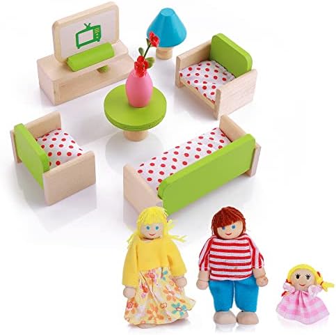 cobee Dollhouse Mini Furniture Set, 12 Pcs Miniature Wooden Doll House Furniture with 3 Family Dolls Figures, Dollhouse Living Room Accessories Dollhouse Decoration for Pretend Play