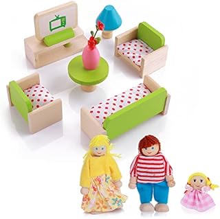 cobee Dollhouse Mini Furniture Set, 12 Pcs Miniature Wooden Doll House Furniture with 3 Family Dolls Figures, Dollhouse Living Room Accessories Dollhouse Decoration for Pretend Play