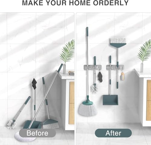 Image of Enclave Stainless Steel Mop and Broom Holder Wall Mounted Adhesive Storage Solutions for Broom mop etc, Garage Storage Systems Broom Organizer. (2 RACK 1 HOOK /SILVER, PACK OF 1)