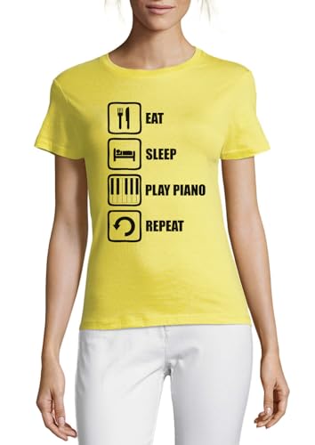 T-shirt piano femme coton col rond jaune Eat Sleep Play