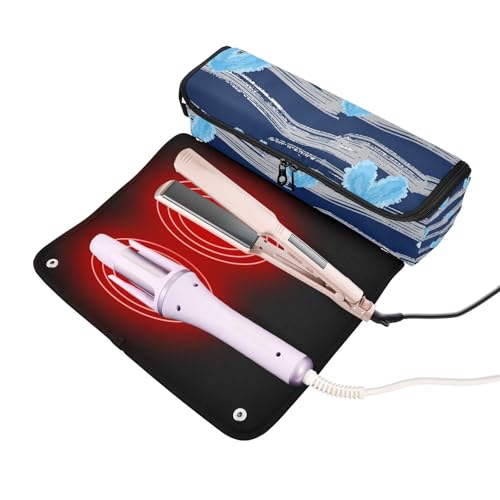 Bolsa de viaje para herramientas de cabello para mujer y tapete resistente al calor, estuche portátil para planchas, rizadores y secadores, azul marino con rayas y corazones miniatura 2