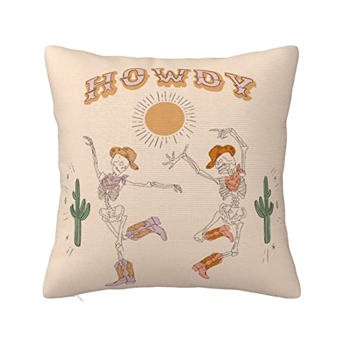Howdy Western Skull Throw Pillows Covers Halloween Skeleton Cowboy Sun Retro Pillows Cases Funny Preppy Square Couch Cushion Cover For Home Bedroom Living Room College Dorm Party Decoration 18"X18" #TOP20