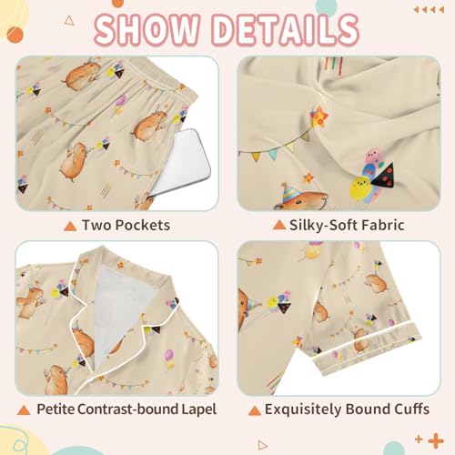 senya Cute Birthday Capybara Satin Summer Pajama Sets Silk Short Sleeve Button Down Sleepwear3