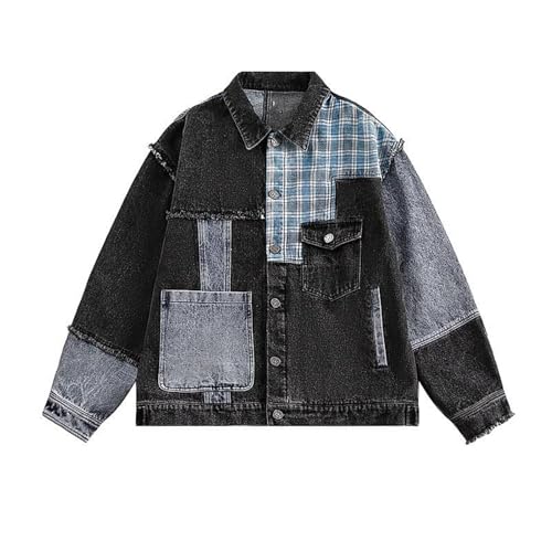 Veste en denim homme patchwork vintage à col revers