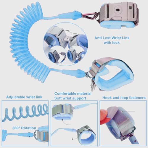 MTOMUYA Toddler Harness with Leash - Child Leash and Anti Lost Wrist Link with Lock, Baby Walking Harness Assistant for Boys, Cute Traction Safety Leash for Kids, Holiday Travel Christmas Gift, Blue