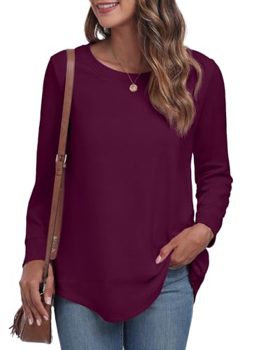 GRECERELLE Sweatshirts for Women UK Crew Neck Long Sleeve Tops Women Casual Tunic Tops Shirts (Wine Red, L)