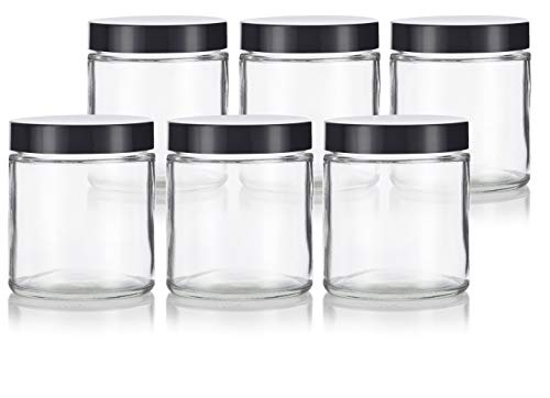 JUVITUS 4 oz Clear Thick Glass Straight Sided Jar With Black Smooth Lids (6 pack)