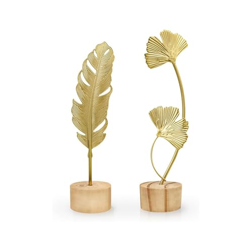 Image of AXXIMENG 2PCS Mini Gold Leaf Sculpture Ornament Ginkgo Feather Leaf Statue Metal Leaves Gold Ornaments Sculptures Luxury Style Home Decoration for Living Room Bedroom Bedside Table