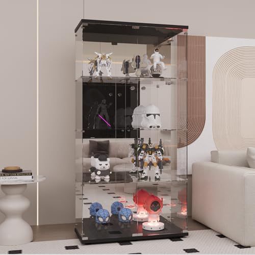 【生活グッズラボ】ガラスケース 背面ミラー付き 4段両扉タイプ(鍵付き) 幅80.7×奥行き36.5×高さ164cm コレクションケース フィギュア 棚 ショーケース キャビネット 大型（ブラック） [2]