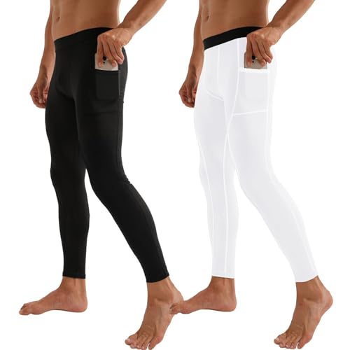 Blaward Men's Compression Pants with Side Pockets, 2 Pack Quick Dry Workout Tights Athletic Running Leggings for Basketball