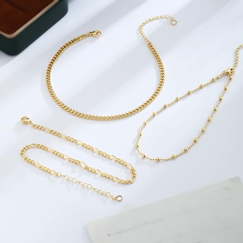Image of Gold Anklets for Women Waterproof 14k Gold Plated Cuban Link Anklets Non Tarnish Rope Herringbone Ankle Chain Summer Beach Jewelry Gifts for Women