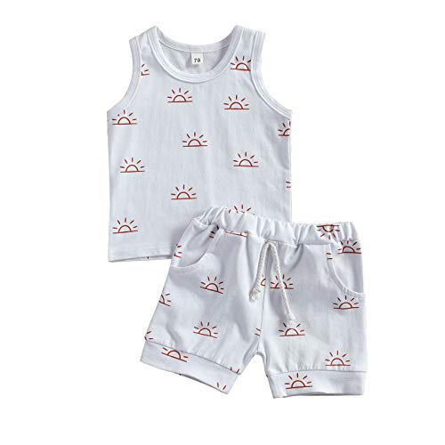 Ilyhaha Infant Newborn Baby Boys Summer Outfits Sleeveless Tank Camisoles Belt Jogger Shorts 2Pcs Set (Sun+White, 0-6 Months)