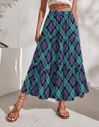Zeagoo Plaid Skirt Women Elastic High Waist Skirts Casual Long Maxi Skirts Flowy Pleated Skirts Green Plaid S — view 2