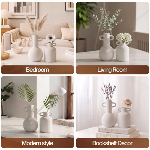 Image of PUREZENTO White Ceramic 'Nordic Bottle' Vase - Set of 2 | Matte Ceramic Flower Vases for Pampas Grass & Dried Flowers | Modern Decorative Vases for Home, Living Room, Bedroom, Office & Table Decor