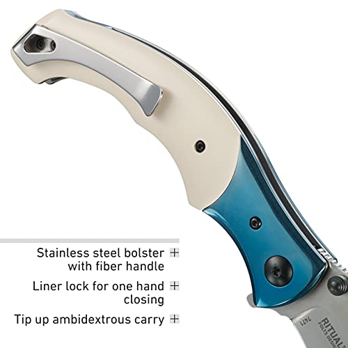 Crkt Ritual Assisted Pocket Knife: Everyday Carry Utility Folder, Sandvik 12C27 Steel Recurve Blade With Satin Finish, Liner Lock, Flipper Open, Ivory Resin Infused Fiber Handles 7471 #TOP6