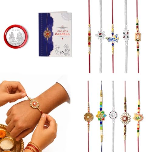Image of Periapt Rakhi Gift Set for Brother & Bhabhi - Traditional Rakhis with Silver Coin & Greeting Card - Combo for Raksha Bandhan