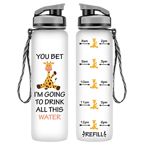LEADO 32oz 1Liter Motivational Tracking Water Bottle with Hourly Time Marker - You Bet Giraffe - Funny Birthday Gifts for Women, Best Friends, Wife, Mom, Daughter, Sister, Girlfriend, Coworkers, Her