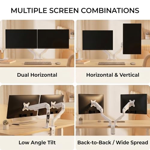 Image of White Dual Monitor Arm Desk Mount, Slim Gas Spring Double Monitor Stand for 2 Screens 17-30 Inch, Full Motion Adjustable VESA Mount Bracket with C-Clamp /Grommet Base, Fits Max 19.8lbs Per Arm