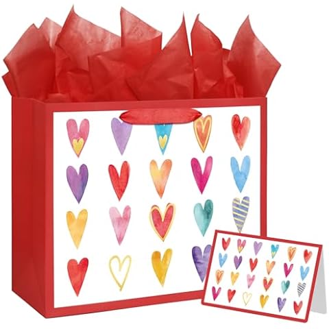 13" Large Gift Bag with Red Tissue Paper and Greeting Card for Valentines Day Wedding Birthday Anniversary (Hearts) Cover