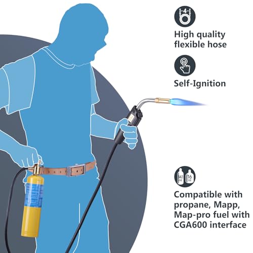 Image of MAPP Map Gas Torch Kit with Self-Ignition - Soldering Propane Torch with 4.9ft Hose, 25,000 BTU Flow Head, CGA600 Compatible for Brazing Pipe Welding HVAC Plumbing DIY