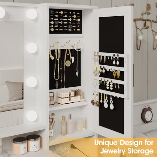 Image of Fameill Vanity Desk with Mirror and Lights,Make up Vanity with Chair and Outlet,Dressing Table with Jewelry Cabinet, Bedroom Vanity with 2 Drawers, 3 Lighting Colors,36.4 inch,Antique White