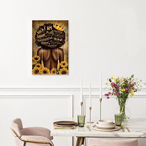 Black Queen Wall Art Africa America Inspirational Poster Yellow Sunflowers Motivational Black Art African American Wall Art Black Girl Canvas Paintings Black Women Wall Decor For Living Room Kitchen Bathroom, 16X24Inch Unframed #TOP4