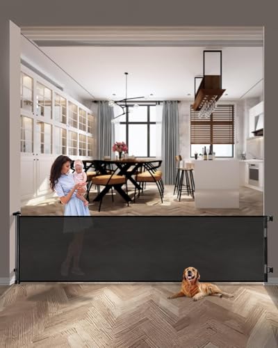 Image of AOURMKOOP 118 Inch Extra Wide Retractable Baby Gate,Mesh Large Gate or Mesh Pet Dog Gate, Opening Wide Extra Long Child Safety Gate for Indoor Baby Fence, Outdoor, Stairs, Deck (Black)