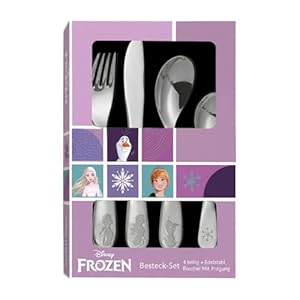 Frozen Die Eiskönigin Kinderbesteck Set 4-teilig - Edelstahl rostfrei mit Messer, Gabel, Suppenlöffel und Dessertlöffel - geprägtes Motiv mit Elsa, Anna und Olaf - spülmaschinengeeignet, kindgerecht