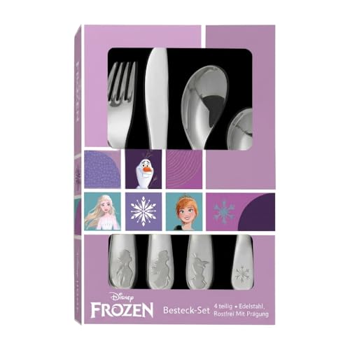 Frozen Die Eiskönigin Kinderbesteck Set 4-teilig - Edelstahl rostfrei mit Messer, Gabel, Suppenlöffel und Dessertlöffel - geprägtes Motiv mit Elsa, Anna und Olaf - spülmaschinengeeignet, kindgerecht