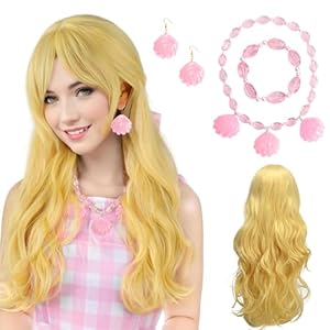 BIQIQI Peluca Rubia Larga Eluca Largo Rizo de Cosplay Anime con Collar de Concha Rosa, Pendientes con Forma de Concha Rosa, Pulsera Rosa para Cosplay, Disfraces y Fiestas, Halloween, Carnaval
