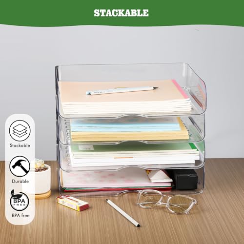 Greentainer 4-Stöckige Ablagekorb für A4, Dokumentenablage aus Plastik, Stapelbare Schreibtisch Organizer Briefkorb, Briefablage,A4-Papierablage für Zuhause,Büro,Schule(4pcs Transparent)