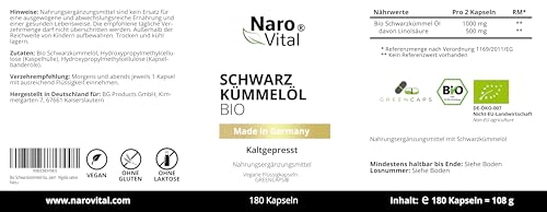 Schwarzkümmelöl Kapseln Bio Kaltgepresst & Naturbelassen - 180 vegane Schwarzkümmel Kapseln Hochdosiert - 1000mg Ägyptisches Schwarzkümmelöl pro Tagesdosis - Black Seed Oil