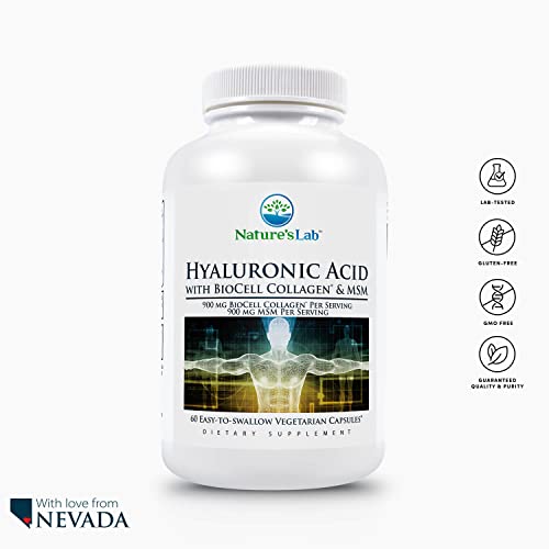 Nature's Lab Hyaluronic Acid With Biocell Collagen And Msm - Skin Hydration, Joint Health - 60 Capsules (20 Day Supply) #TOP1