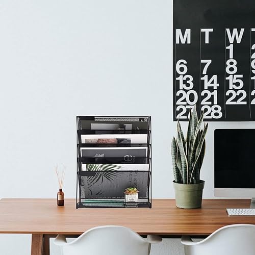 KRETIX Mesh Wall File Holder | 6 Tier Mount Hanging Vertical File Magazine Notebooks Storage With Flat Bottom Tray For Worksheets A4 Papers Office Desk (Black)