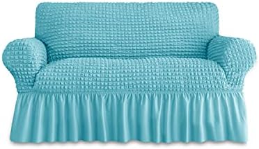 BLUESURGE Loveseat Slipcover 1 Piece for 2 Cushion Couch Sofa Cover with Skirt, Durable Washable High Elastic Stretchable, Easy Fit Universal Furniture Protector (2 Seater, Sky Blue)