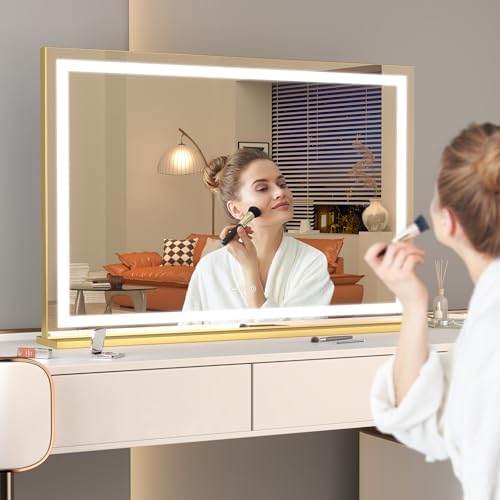 Hasipu Vanity Mirror with Lights, 80 x 58cm LED Makeup Mirror, Lighted Make up Mirrors with Touch Screen Control, 3 Dimmable Modess Square Gold