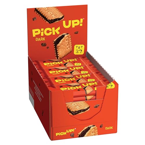 PiCK UP! Dark (24 x 28 g), Keksriegel mit knackig dunkler Schokoladentafel zwischen zwei knusprigen Keksen, der Snack für unterwegs, Thekenaufsteller mit 24 Stück