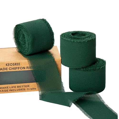 KEOSREE 3 Rolls Dark Green Handmade Chiffon Ribbon,1.5" x 21Yd Frayed Fringe Silk Ribbons (3 Rolls *7Yd) for Gifts Wrapping, Wedding Invitations, Bridal Bouquets, Decorations