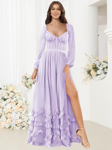 SOLODISH Long Sleeve Bridesmaid Dresses with Slit Ruffle Formal Evening Dresses for Women2