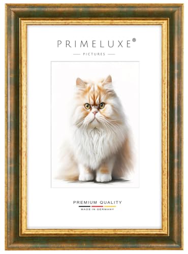 PrimeLuxe Marco de fotos barroco a medida, 40 x 60 cm, color verde y dorado, tamaño a elegir, con cristal acrílico antirreflejos, marco para pósteres, puzles, collage de fotos