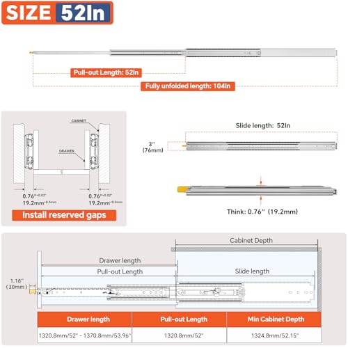 ToBeGreat Heavy Duty Drawer Slides with Lock, 1 Pair 3-Fold Full Extension Ball Bearing Replacement Cabinets Drawer Slides for Tool Chests,RV,Workbenches（52 Inch, 500Lb by ToBeGreat - Image 2