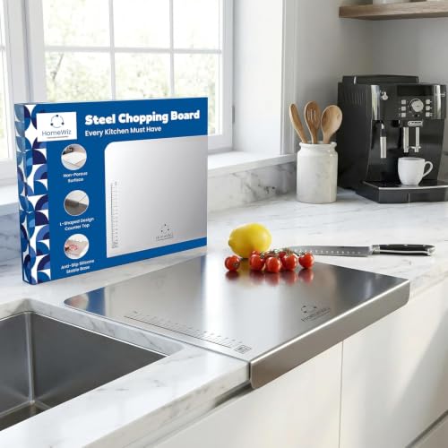 Image of HomeWiz Large Steel Chopping Board for Kitchen - 100% Stainless Steel Cutting Board| Heavy Duty Chopping Board | Non-Porous Hygienic Surface for Vegetables, Meat & Fish, Rust-Resistant | 36 x 30 cm