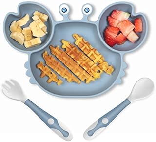 ROCCED Suction Plates for Baby, Silicone Plates with Suction for Baby Divided, Baby Spoon Fork Set for Toddler Baby Dishes Kids Plates and Utensils-Crab Blue