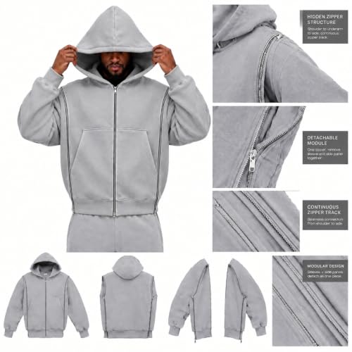 Waffle Zip Up Hoodie Men Interchangeable Zipups Loose Pullover Sweatshirt | Long Sleeve, Plus Size, Big and Tall, Workout, Preppy Clothes, Thermal, Cozy, Solid Color, Plain, Outdoor Hiking, Jogging - image 5