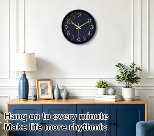 Image of 14Inch Navy Blue Silent Wall Clock Battery Operated Clocks for Home | Non-ticking Analog Clock with Tempered Glass & Large Numbers, Wall Clocks for Living Room, Bedroom, Office and Kitchen Decor