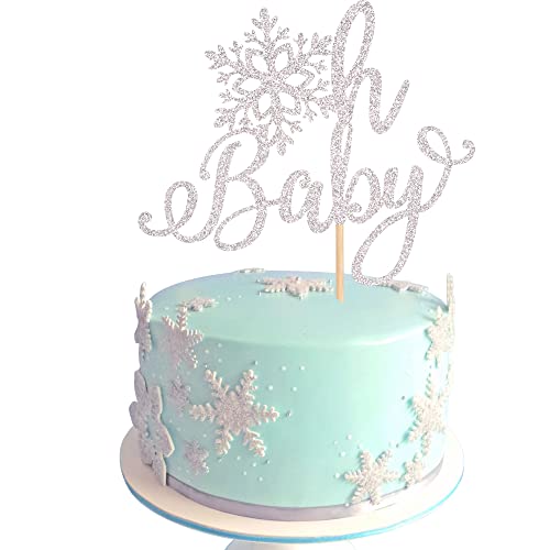 1 Pack Snowflake Oh Baby Cake Topper Glitter Baby Shower Snowflake Cake Pick Decorations for Winter Snowflake Theme Baby Shower Kids Birthday Party Supplies Silver