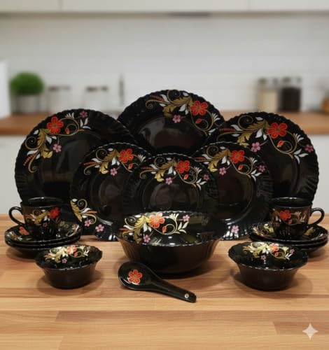E - Ezra Opalware Divine Black 33 Pcs Dinner Set Serving for 6 |Daily Use Opal Glass Crockery Set |Microwave & Dishwasher Safe |Bone Ash-Free, Chip-Resistant |Elegant Plates & Bowls (D3)