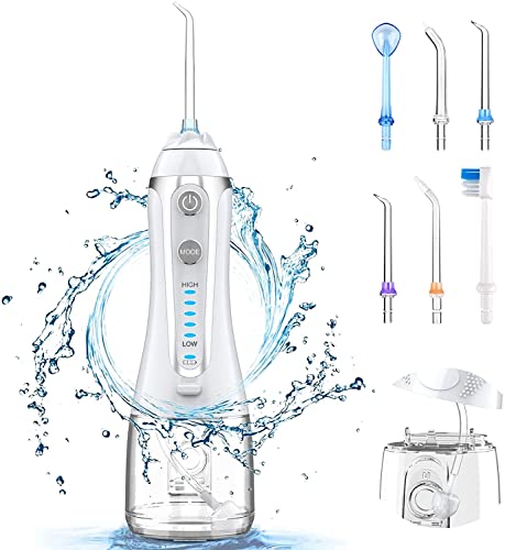 Irrigadores Bucales Portátil, Lofrritp Irrigador Dental 300 ML 5 Modos con 6 Boquillas, PX7 Impermeable, USB Cargado