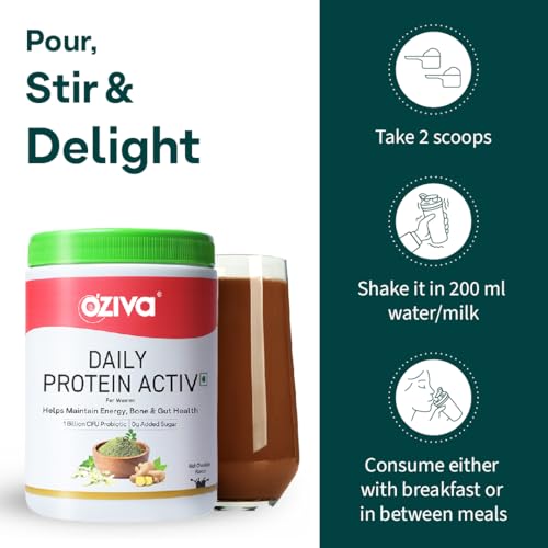 OZiva Daily Protein Activ for Women | Best Protein Powder for Women with 120g Protein, Probiotics, Shatavari for Increased Energy Levels, Bone Health and Hormonal Balance 300g (Chocolate, Pack 1)