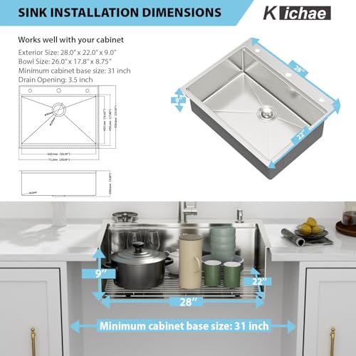Image of Kichae 28 Drop In Kitchen Sink with Faucet - Stainless Steel Sinks 28 x 22 Workstation Sink Topmount Overmount Single Bowl Handmade Basin All Accessories Included